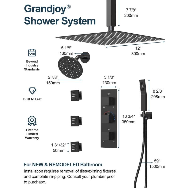 GRANDJOY Dual Shower Heads 12" Rainfall Shower System with 3 Body Jets and Handheld Shower