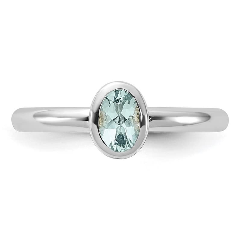 Curata 925 Sterling Silver Bezel Polished Stackable Expressions Oval Aquamarine Ring