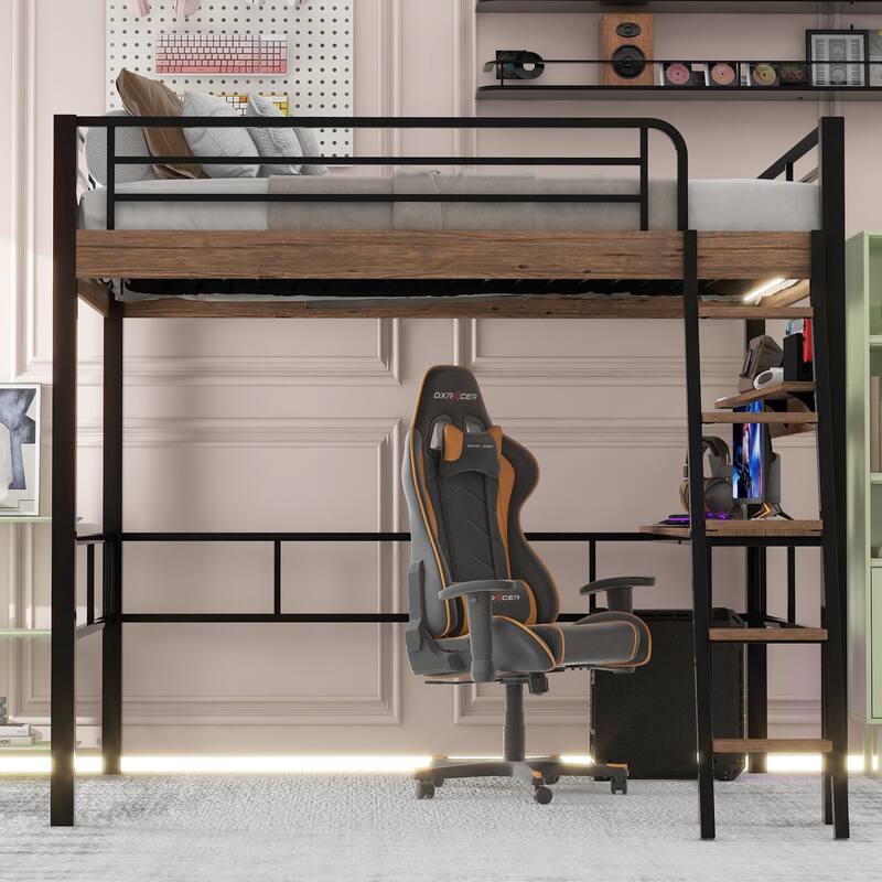 Metal High Loft Bed Frame with Built In Desk and Storage Shelf - Black - Full