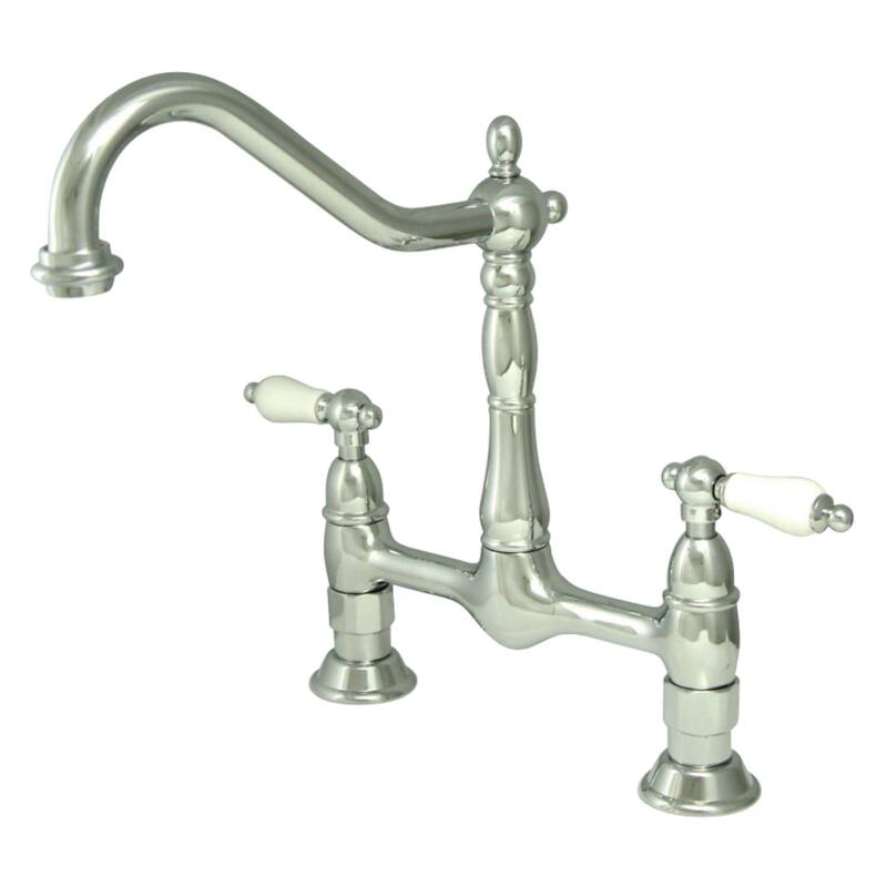 Kingston Brass Heritage Bridge Kitchen Faucet with Porcelain Lever - Polished Chrome