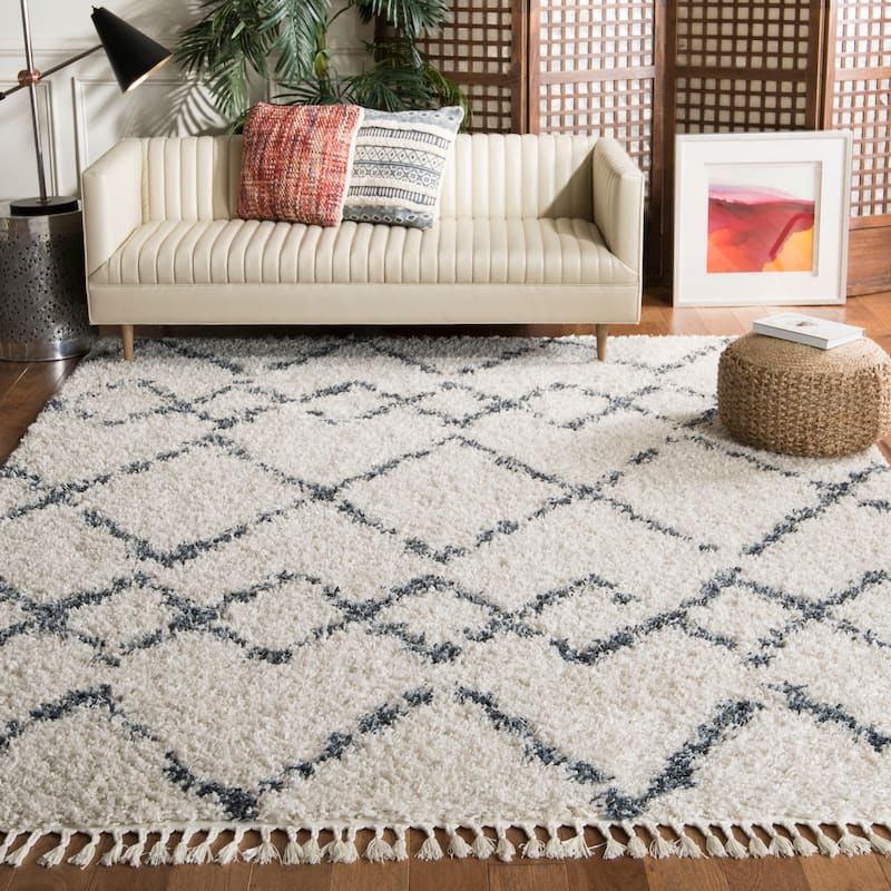 SAFAVIEH Pro Lux Shag Darcia Moroccan Tassel 2.4-inch Thick - 9' x 12' - Cream/Blue - Runner/Rectangle