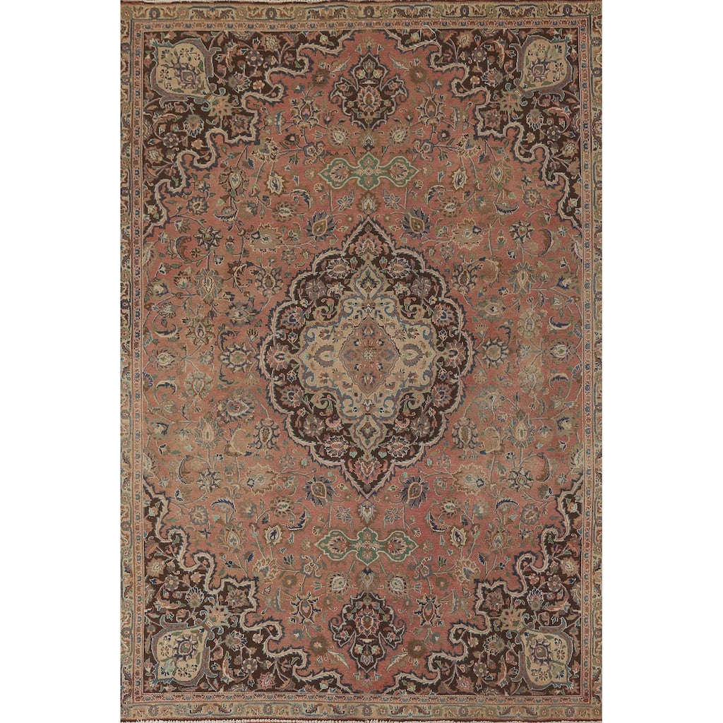 Floral Mashad Persian Vintage Rug Handmade Wool Carpet - 7'2"x 10'5"