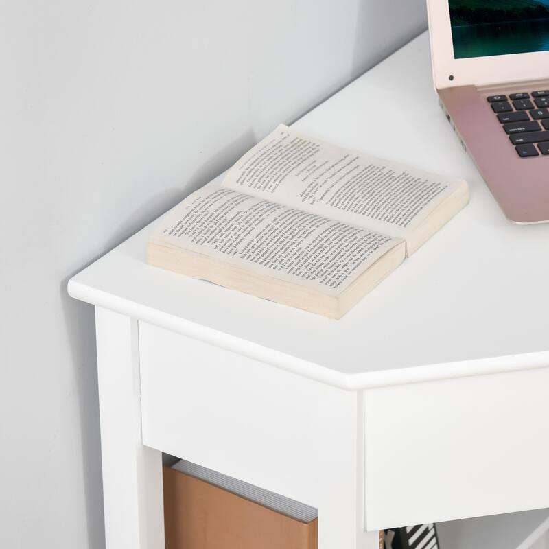 HOMCOM Corner Desk, Triangle Computer Desk with Drawer and Storage Shelves for Small Space