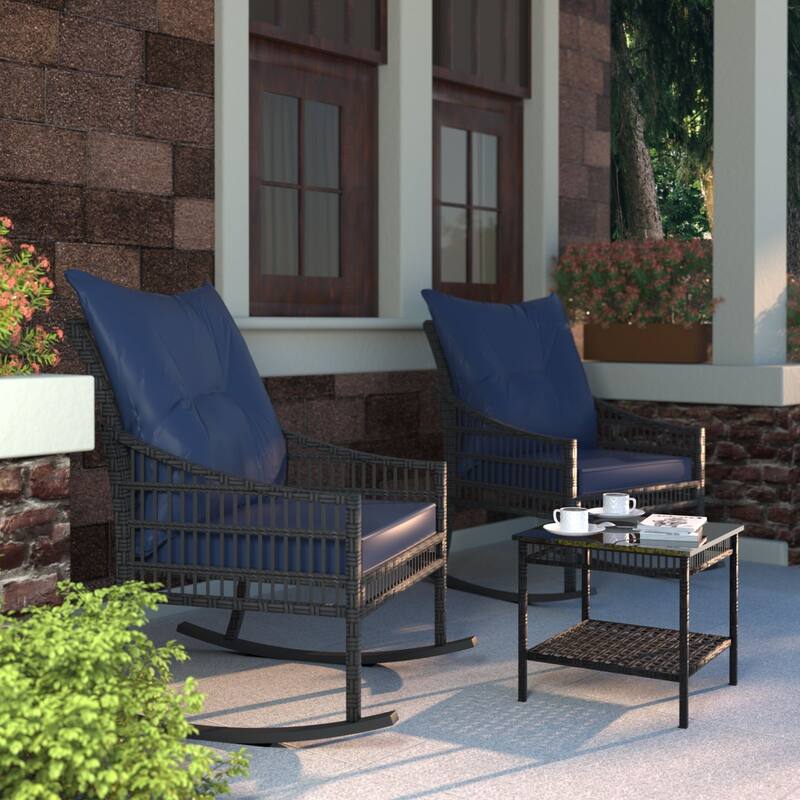 VEIKOUS 3-Piece Outdoor Wicker Patio Porch Rocking Chair and Rattan Coffee Table Set with Cushions and Pillows