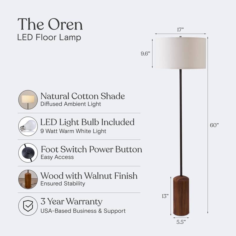 Brightech Oren LED Walnut Brown Wood Midcentury Super Bright Floor Lamp with Cream Cotton Drum Shade