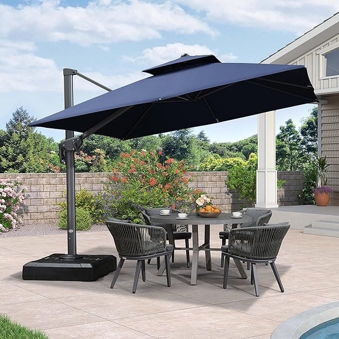 PURPLE LEAF Patio Cantilever Umbrella with 360 Degree Rotation - 10ft-Navy Blue