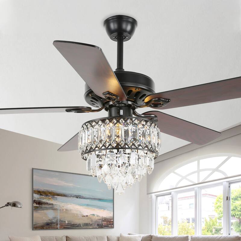 Bella Depot 52" Modern Crystal Ceiling Fan with Remote and Light Kit ,3-speed Reversible Blades - Black - Remote