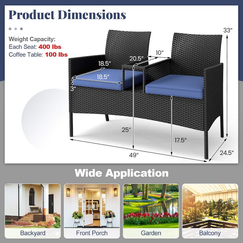 Black Rattan Metal Patio Loveseat with Cushions and Glass Table - 24.5" x 49" x 33"
