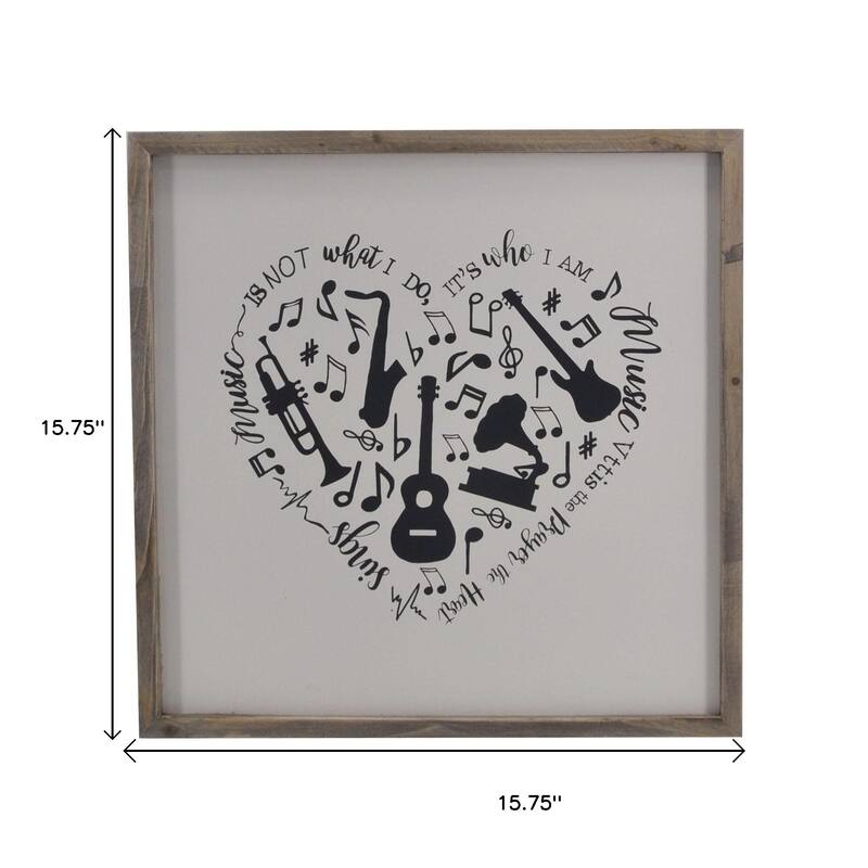 HomeRoots 16" X 16" Black And White Heart Music Wood Square Framed Art