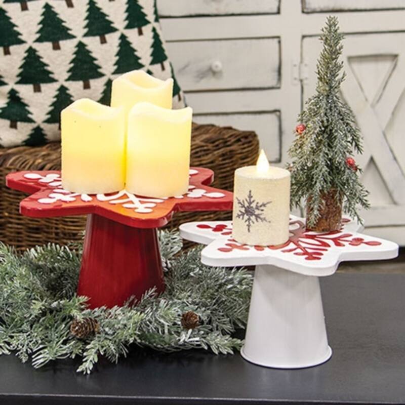 Red White Metal Snowflake Risers Set of 2 for Holiday Table Decor - Red-12” D x 6.5” H