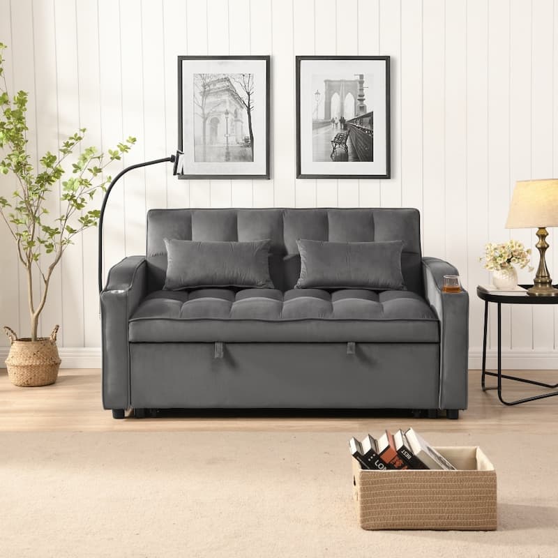 Modern Velvet Loveseat Futon Sofa with adjustable Reclining Backrest,Toss Pillows and Pockets - Dark Grey