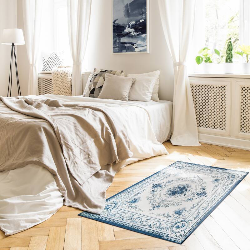 My Magic Carpet Aubusson Blue Machine Washable Rug