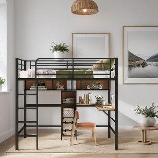Full Size Metal & Wood Loft Bed with L -shaped desk and shelves, Black ...