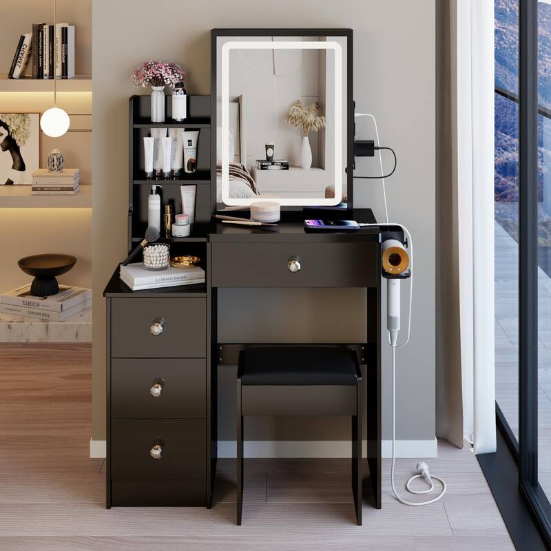 29.2"Left Bedside Cabinet Vanity Table +Cushioned Stool,2 AC+2 USB Power Station,Hair dryer bracket,Extra Large Sliding Mirror