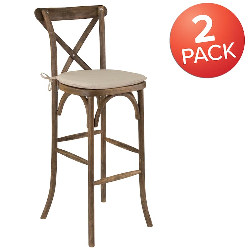2Pk 350lb. Rated Dark Antique Wood Cross Back Stackable Barstool with Cushion