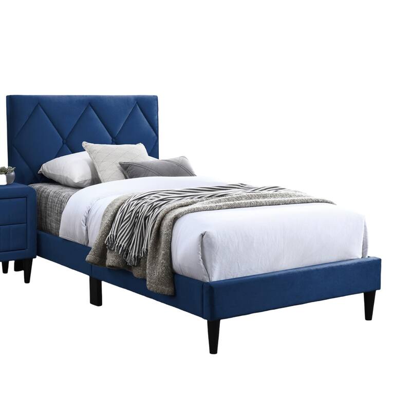 Adjustable Headboard Twin Size Bed with Navy Blue Velvet Upholstery, Modern Youth Bedroom Furniture