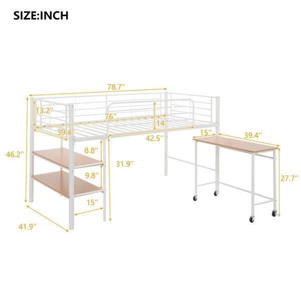 Twin Size Metal Loft Bed with 1 Rolling Desk and 2 Shelves, White