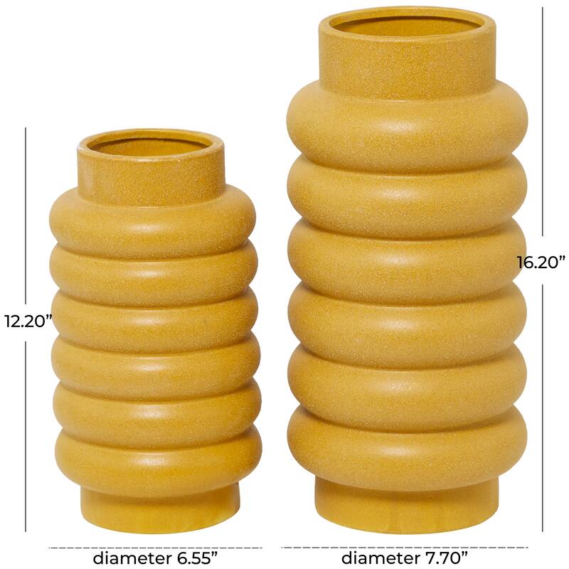 CosmoLiving by Cosmopolitan Ceramic Vases with Eye-Catching Ring Ribbing (Set of 2) - Yellow, White, Dark Blue