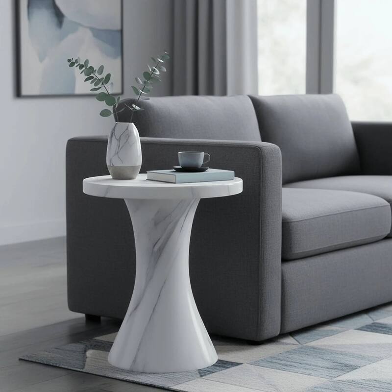 Isidra 19" Round Fiberstone Side Table with Marble-Inspired Finish and Flared Pedestal Base
