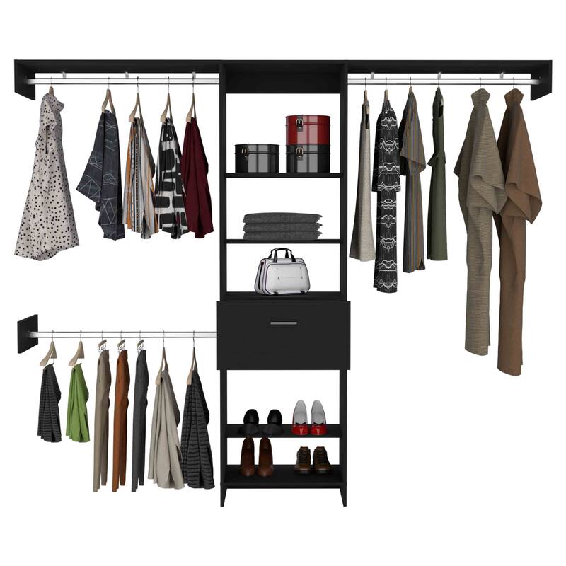 Closet System, Five Open Shelves, One Drawer, Three Metal Rods