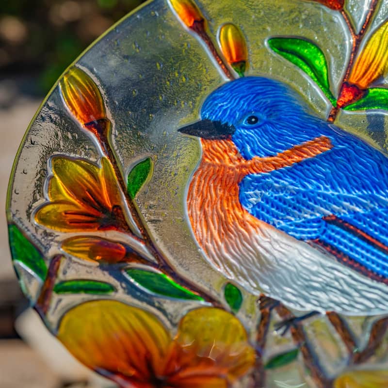 18" Glass Bowl Bluebird Birdbath with Metal Stand "Idaho"