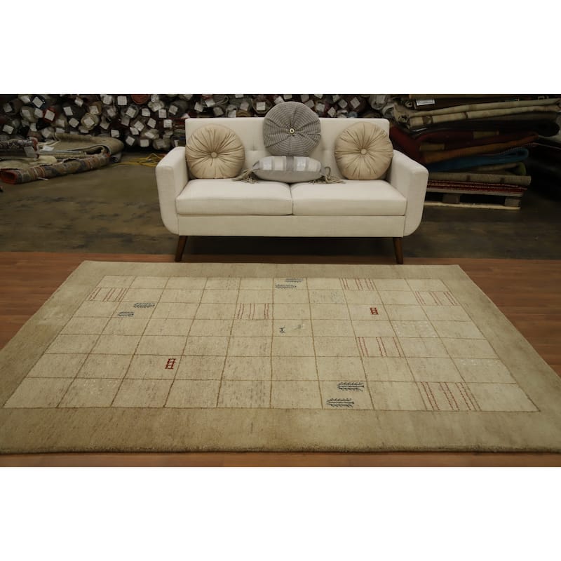 Hand Knotted Oriental 100% Wool Carpet Modern Geometric Beige & Ivories Gabbeh Area Rug - 7' 10'' X 5' 7''