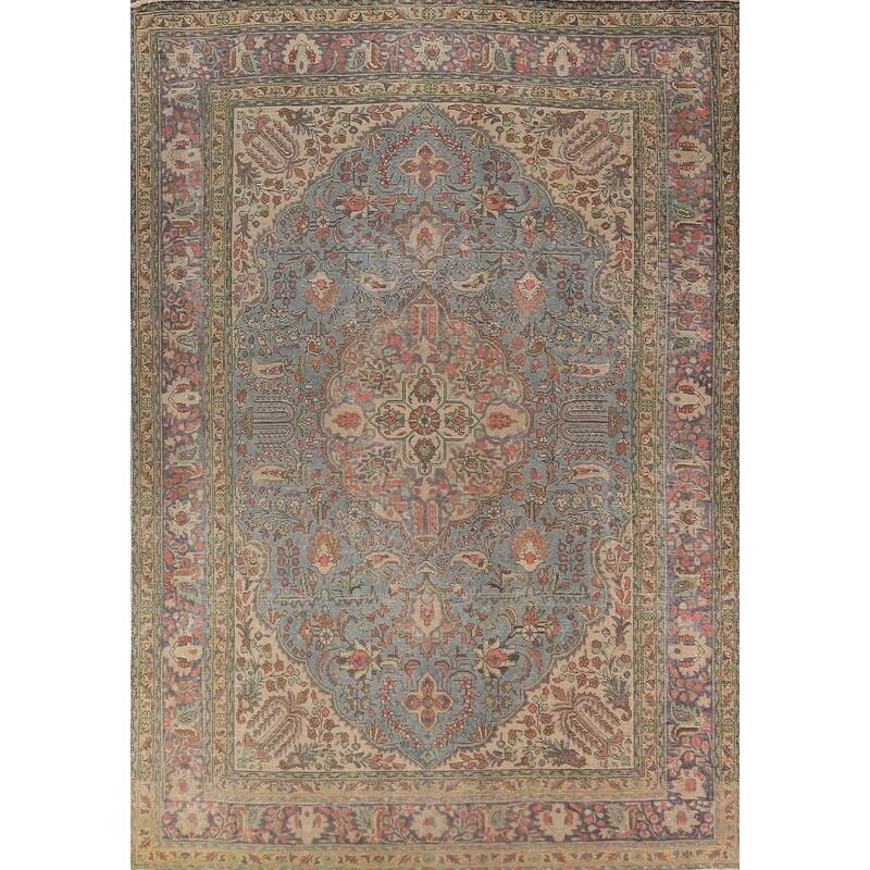 Light Blue Tabriz Persian Area Rug Hand-Knotted Floral Wool Carpet - 8'1"x 11'5"