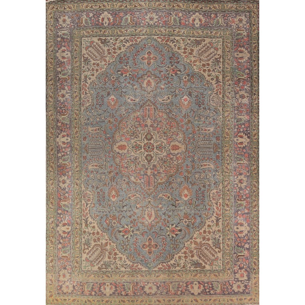 Light Blue Tabriz Persian Area Rug Hand-Knotted Floral Wool Carpet - 8'1"x 11'5"