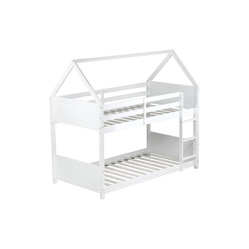 Twin Over Twin House Floor Bunk Bed with Headboards, Footboards, Guardrails, and Ladder, White