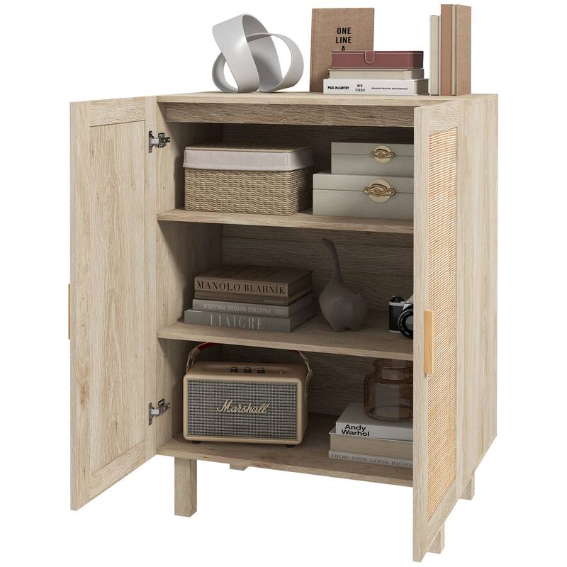 Boho Sideboard Buffet Cabinet with Rattan Doors and Adjustable Shelves, Natural