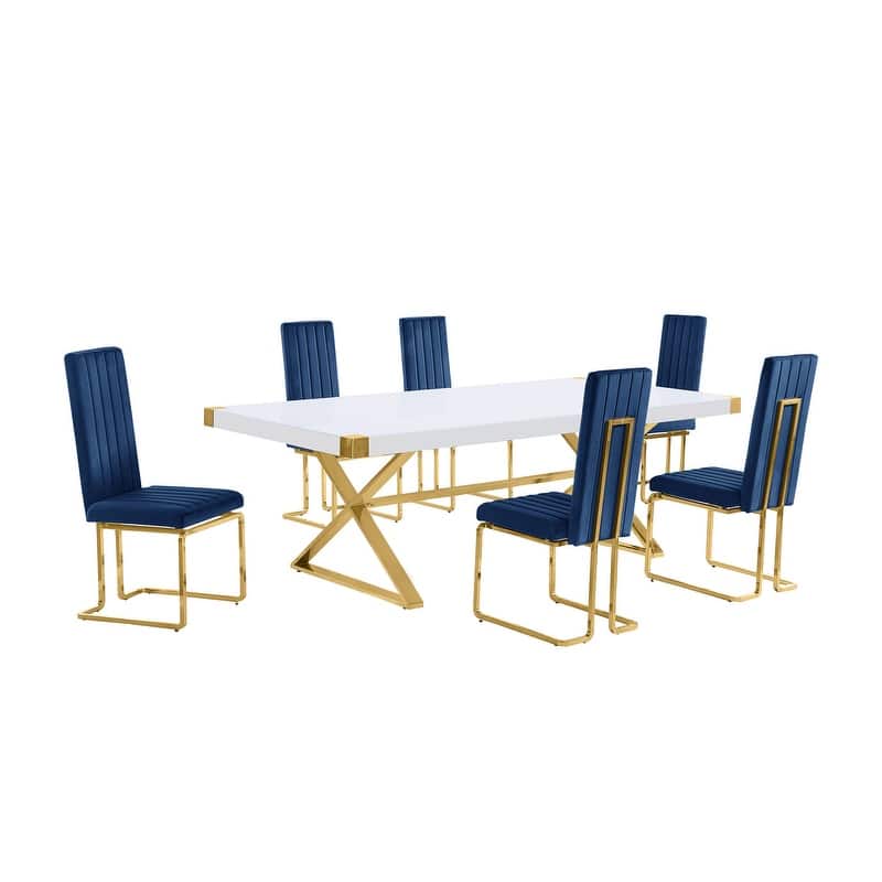 Best Quality Furniture D442/3-SC340-7 Dining Set with 94" White Lacquer Wood Top