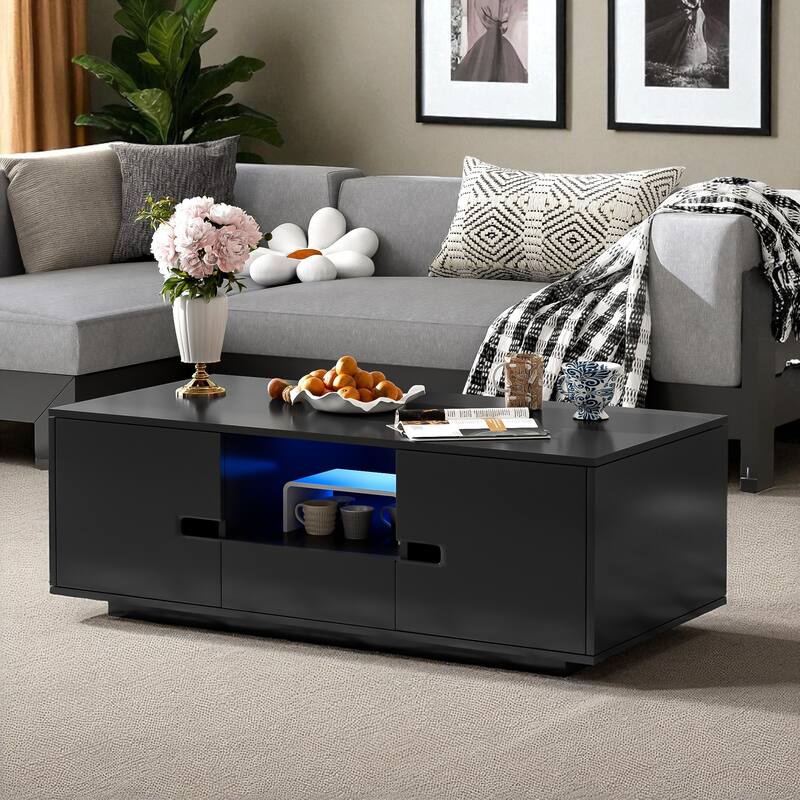 Modern High Gloss Rectangle Coffee Table with Storage and 16-Color LED Lights, Contemporary Center Table