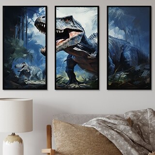 Designart "Ancient Dinosaur Blue And Grey I" Dinosaur Framed Art Set of ...