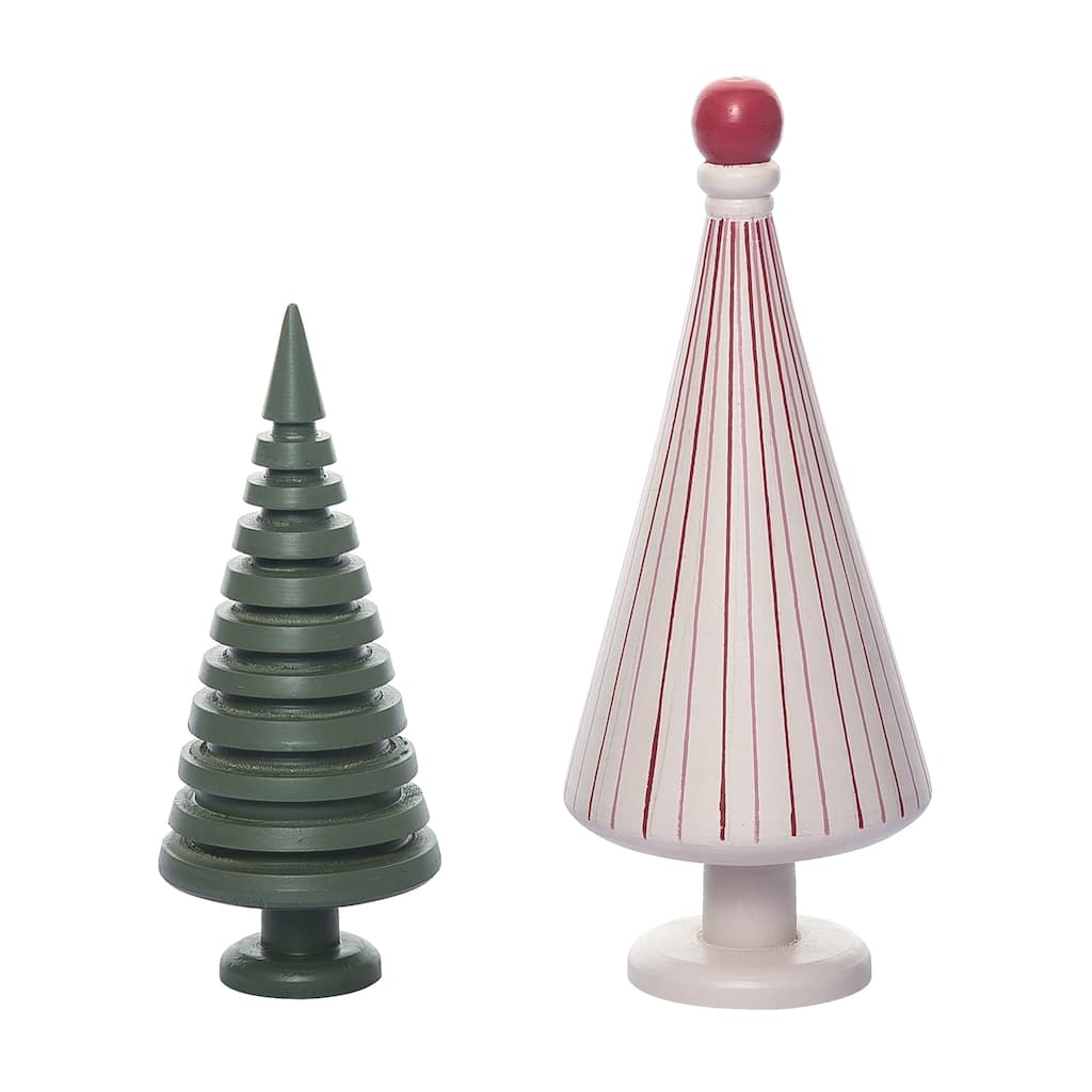 Transpac Wood 9.84 in. Multicolor Christmas Carved Striped Tree Set of 2