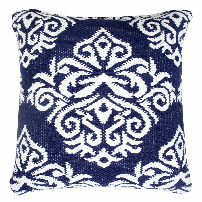HomeRoots 20" X 20" Blue And White 100% Cotton Damask Zippered Pillow