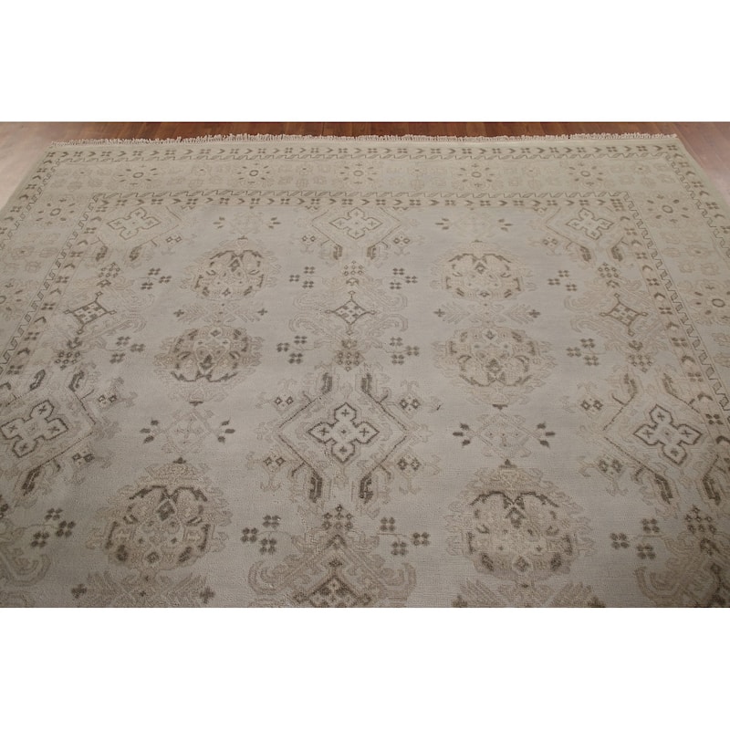 Geometric Oushak Area Rug Hand-Knotted Oriental Wool Carpet - 9'0"x 11'9"