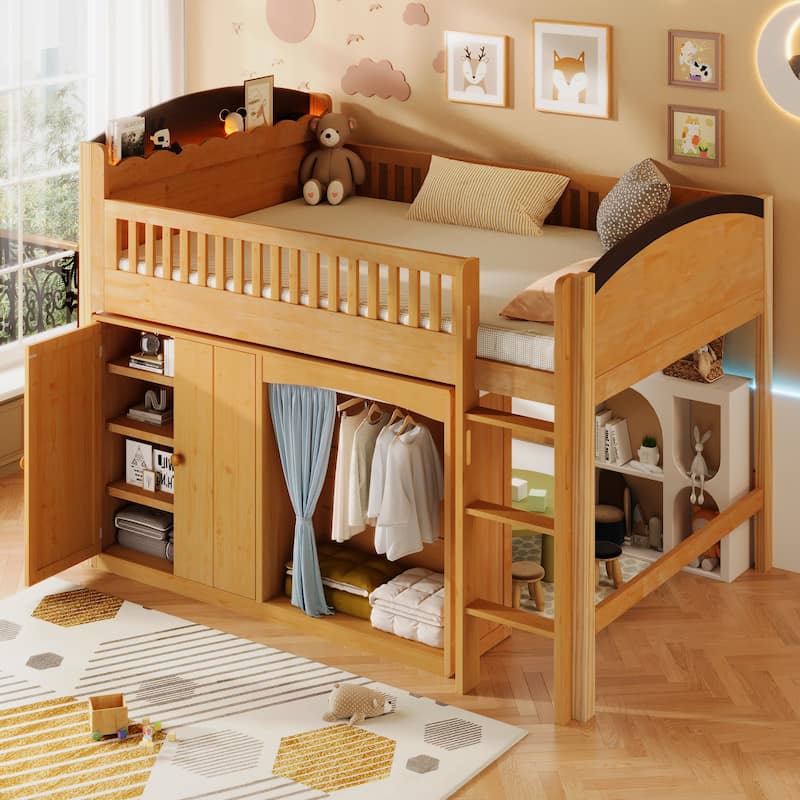 Twin Loft Bed with Built-in Wardrobe & Storage Cabinet, Space-Saving Design with LED Lighting