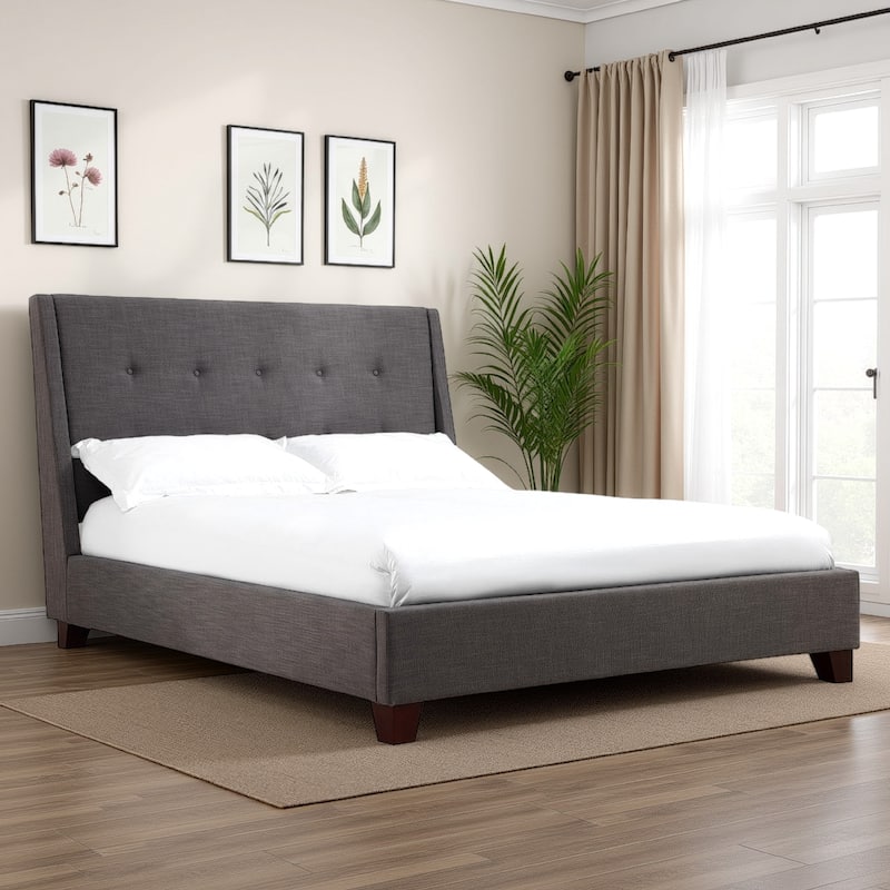 Atina Queen Bed, Dark Charcoal Gray Linen Upholstered, Slanted Headboard