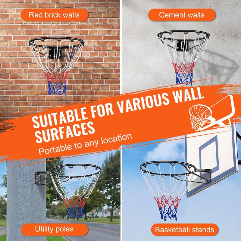 Basketball Rim, Wall Door Mounted Basketball Hoop, Heavy Duty Q235 Basketball Flex Rim Goal Replacement with Net