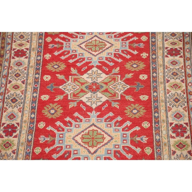 Red Geometric Kazak Accent Rug Handmade Oriental Wool Carpet - 2'11"x 4'3"