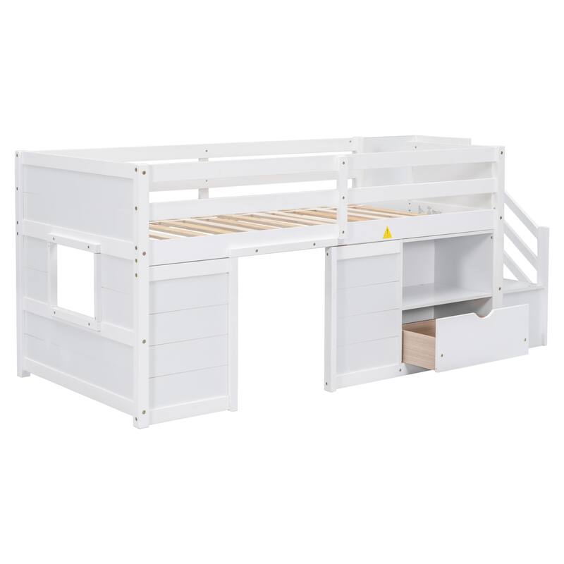Kids Loft Bed Twin Size Wooden Bed Frame with Storage Stairs & Drawer