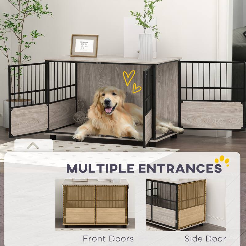 PawHut 39.5" Dog Crate Furniture End Table, Wooden Dog Kennel Indoor Pet House with 3 Doors, for Small to Large Dogs - Brown