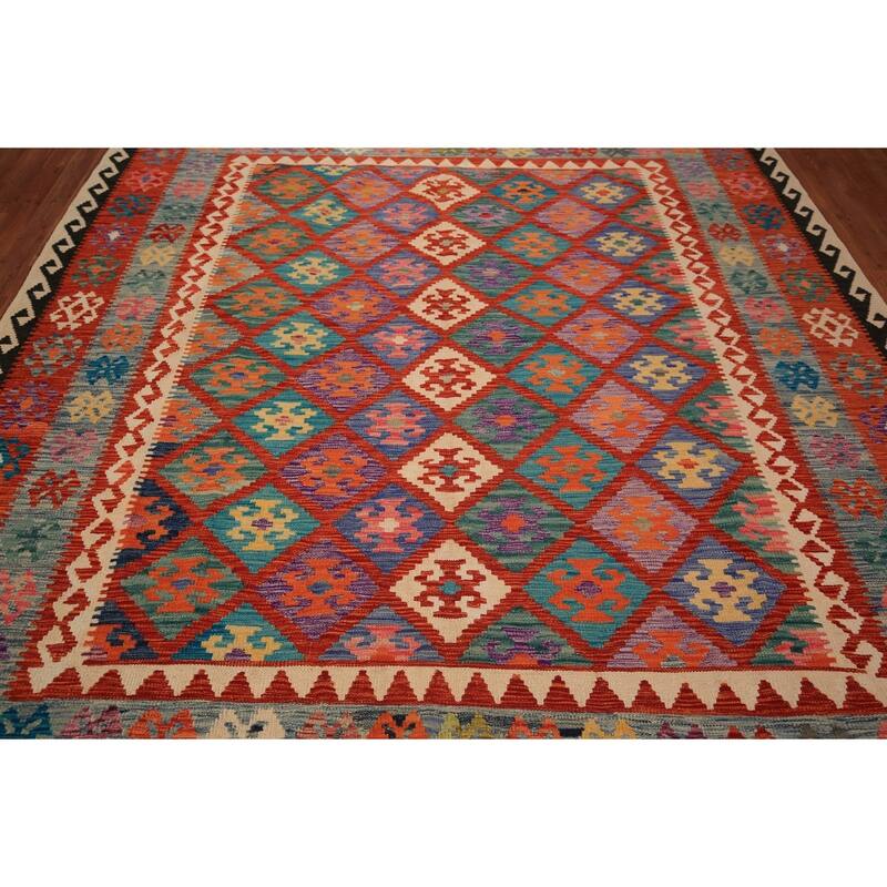 Kilim Oriental Area Rug Hand-Woven Orange Wool Carpet - 8'1" x 9'10"
