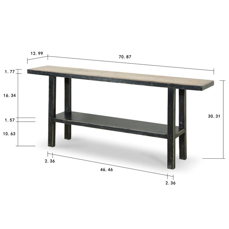 Reclaimed Pine Wood Song Console Table w/Shelf, 71 Inch Long, Antique Black Finish