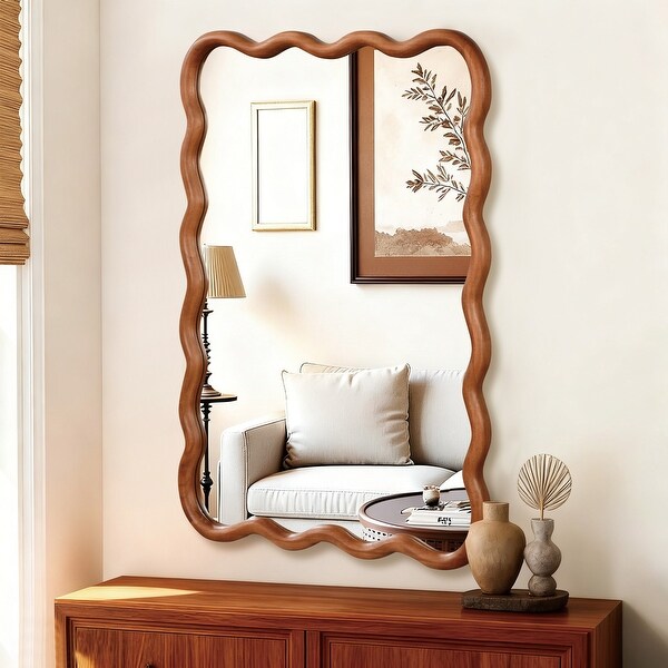 Italy【Wood Frame Mirror】木枠 象嵌 ウォールミラー Wavy Rectangle Solid Wood Frame Decorative Mirror - Antique Brown