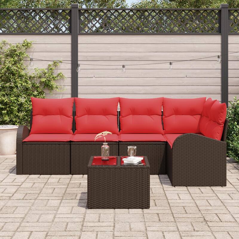 vidaXL 5/6 Garden Sofa Set with Cushions Black/Brown/Grey Poly Rattan - 92.1 x 48.8 x 27.2
