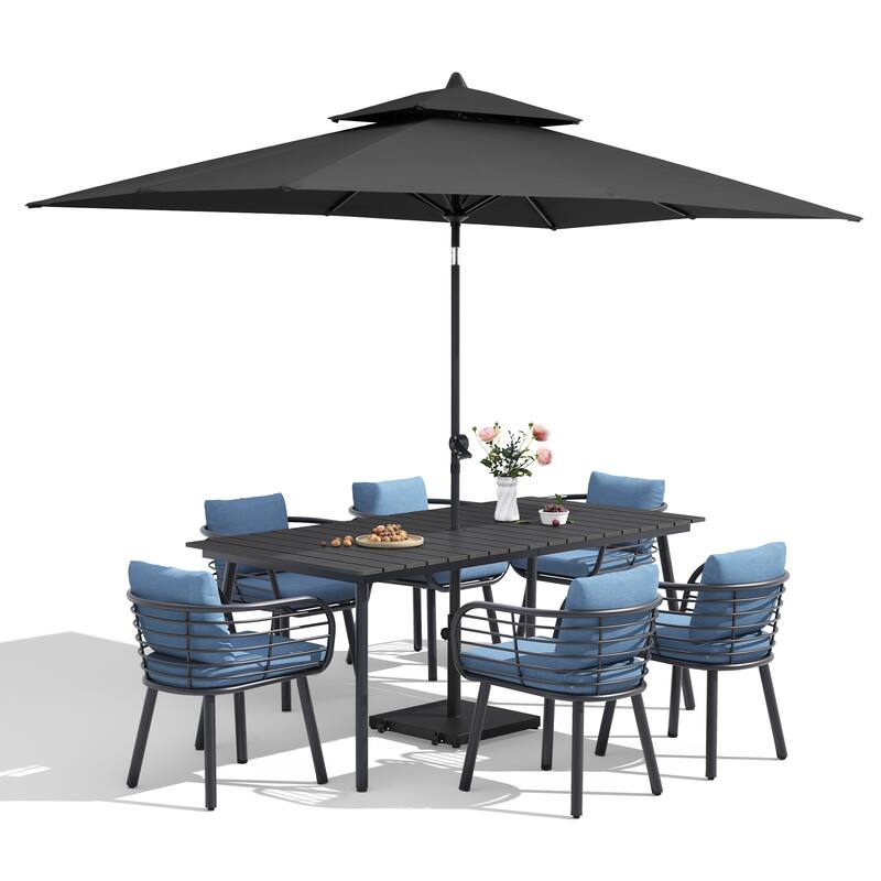 9-Piece Outdoor Patio Dining Set w/10 ft Umbrella and Base Aluminum Dining Table and Chairs with Sunbrella Cushion