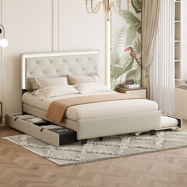 slide 2 of 52, Button-Tufted Wingback Bed Velvet Frame Storage Platform Bed with 2 Drawers, Trundle Bed and Smart LED Light Bed Frame Beige - Queen