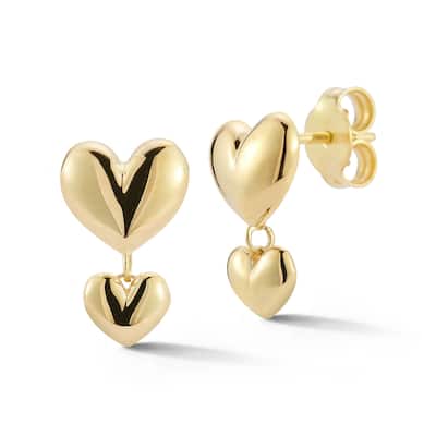 Soleil 14K Gold Puffed Double Heart Dangle Earrings, Made in Italy