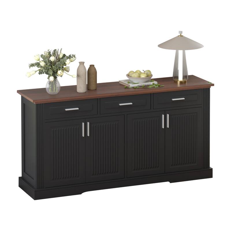 63 Inch Fluted Sideboard Buffet Cabinet with 4 Doors, 3 Drawers & Coffee Bar Station